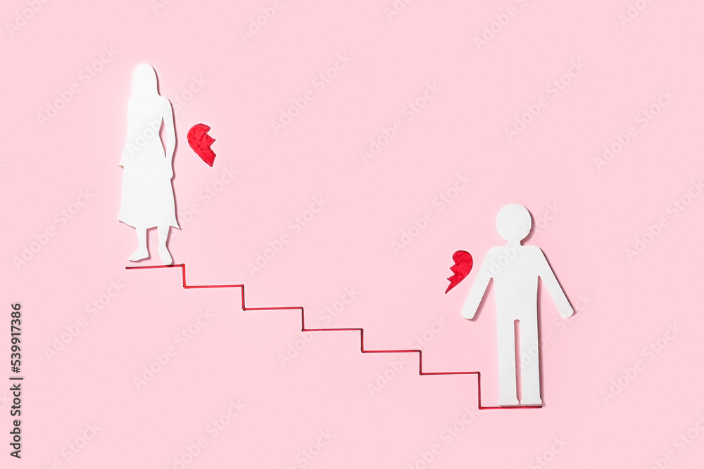 女性和男性剪影，在彩色背景上绘制阶梯和半边心