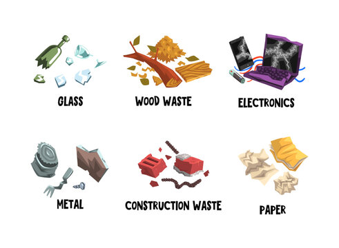 Garbage with Glass, Wood Waste, Electronics, Metal, Construction and Paper Vector Set