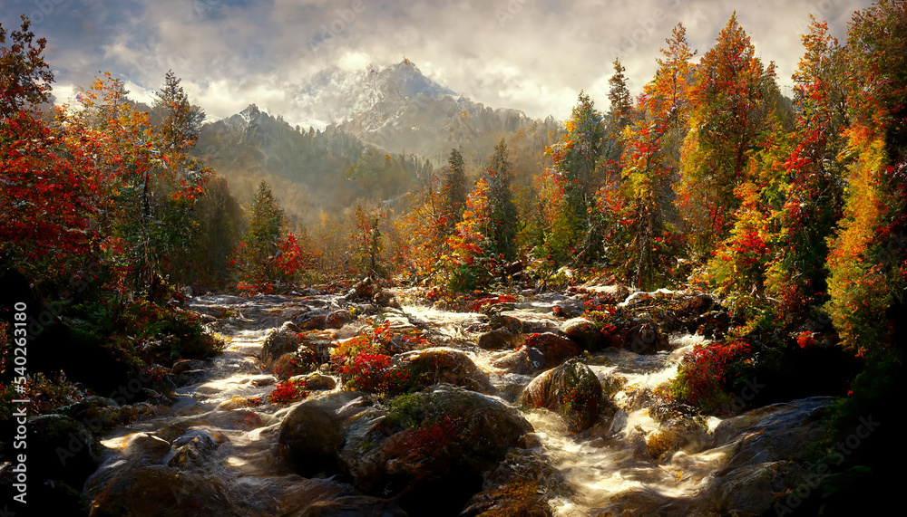 壮观的秋季森林全景，远处是山脉，上面有明亮的橙色叶子