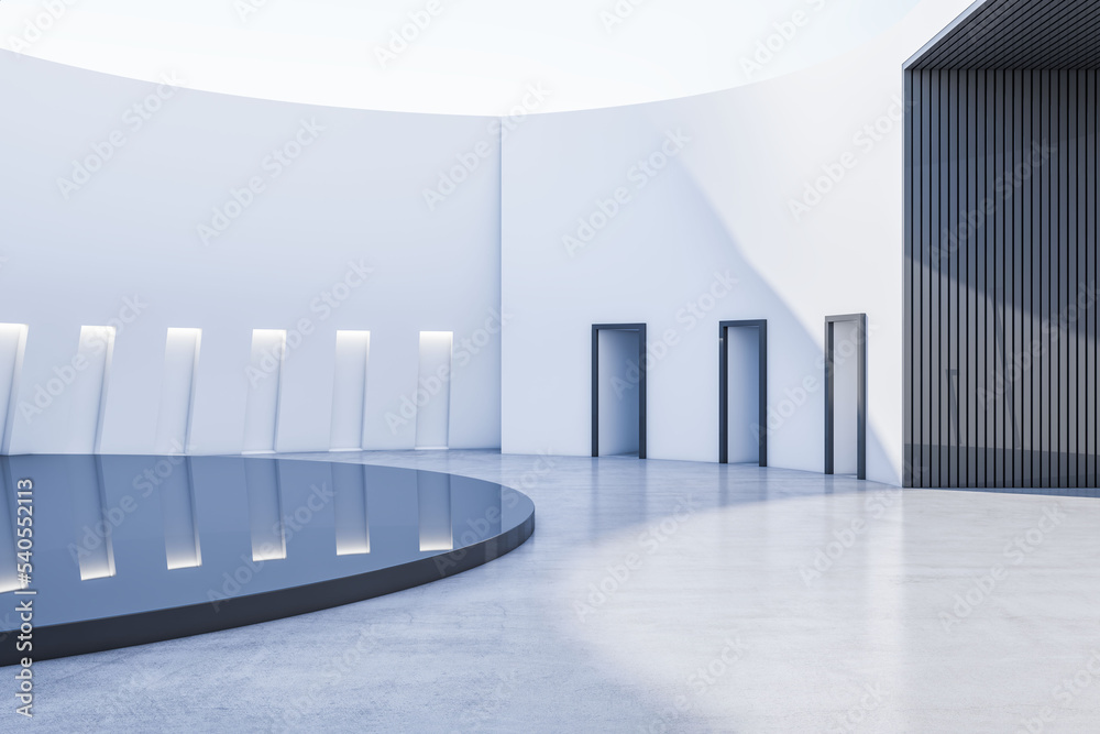 具有反射和细节的现代宽敞画廊内部。展厅和设计理念。3D效果图