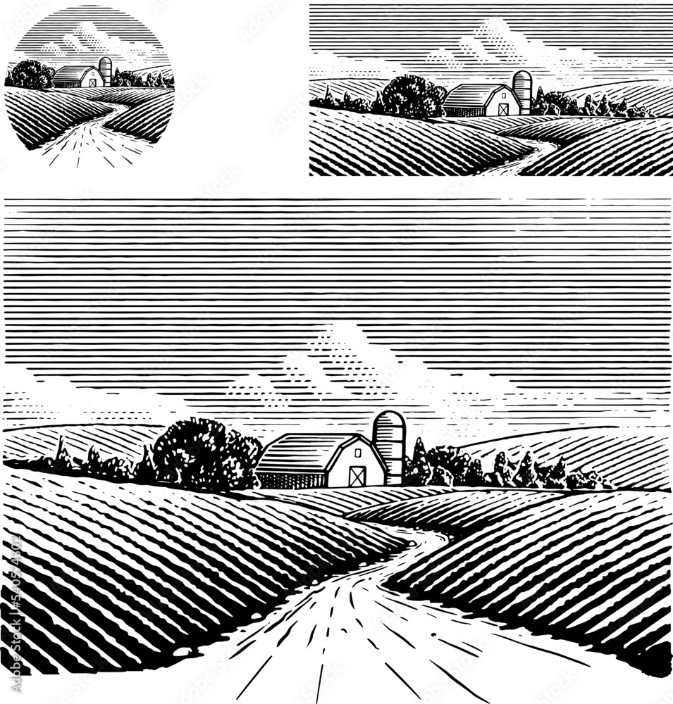 复古农场场景插图。复古木刻或蚀刻风格的手绘插图。