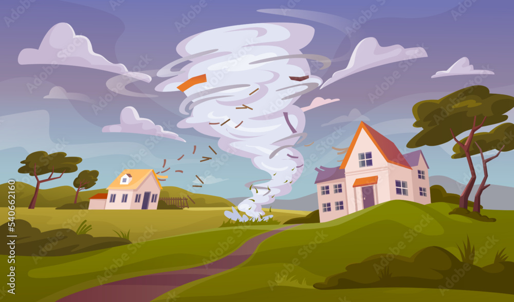 Natural disaster or catastrophe caused, strong wind vortex destructing houses and infrastructure of 