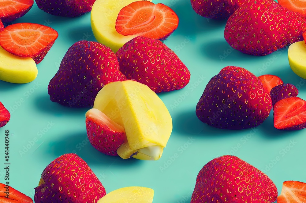 夏季水果、混合水果草莓、浆果、菠萝、香蕉、木瓜b的时尚鲜艳颜色