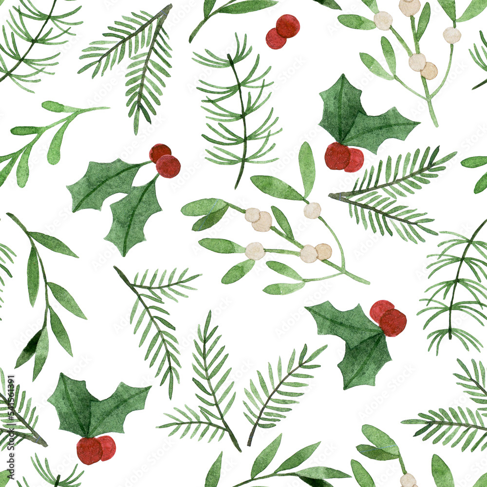 水彩画。圣诞植物的无缝图案。冬季树叶和树枝的简单印花