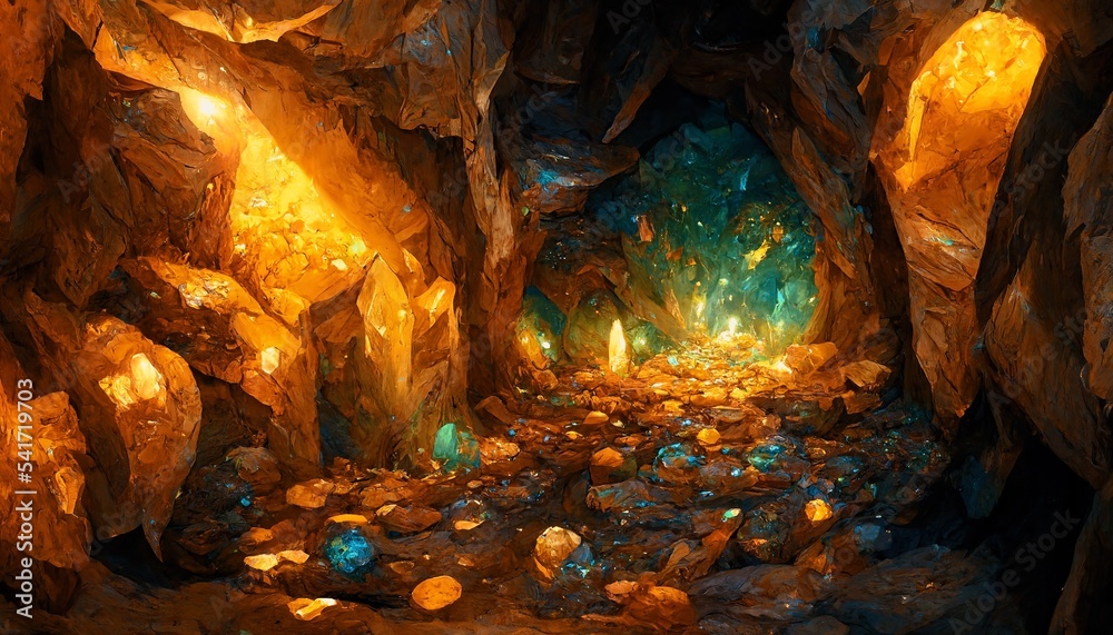 梦幻般的金矿隧道，有闪闪发光的黄金、五颜六色的珠宝和其他矿物。壮观