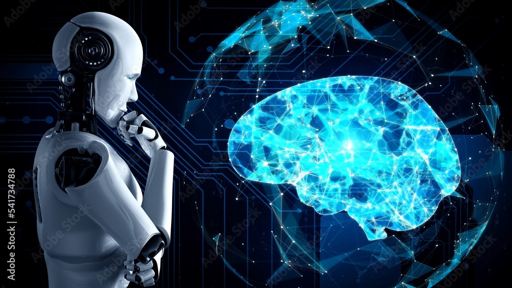 思考AI类人机器人分析全息屏幕，显示AI大脑和人工智能的概念