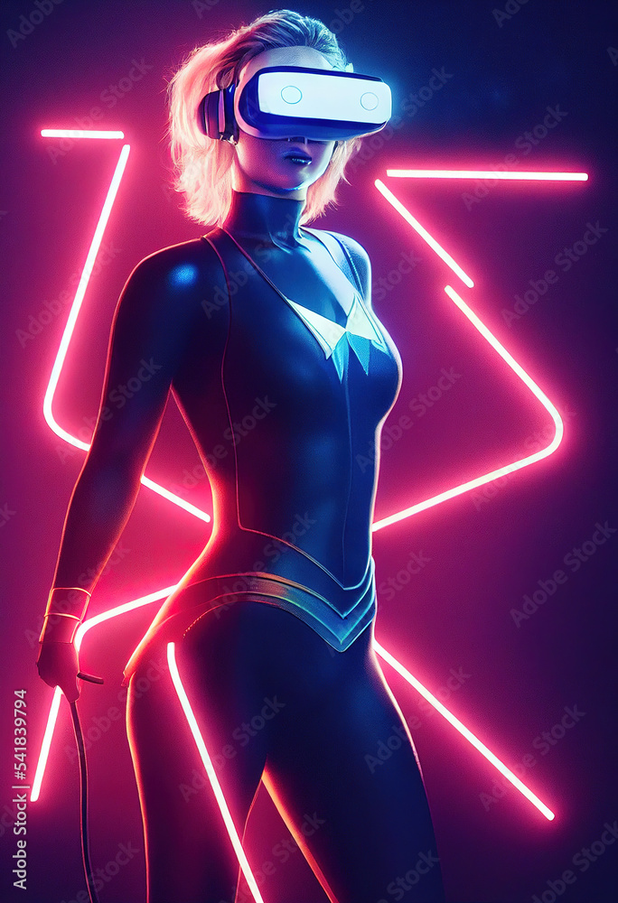 赛博朋克世界中壮观的未来主义女性，戴着带有发光紫外线的VR耳机肖像