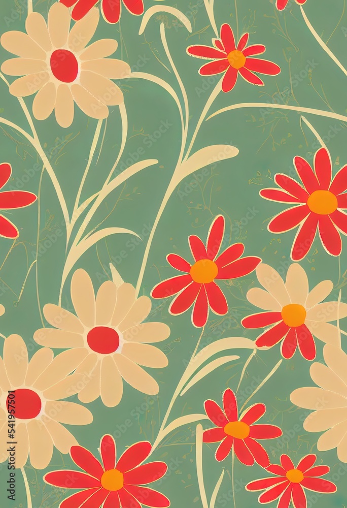 彩色小尺寸手绘花朵2d插图无缝图案。复古70年代风格怀旧法
