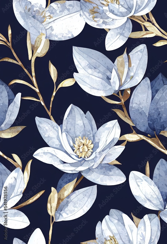 花卉无缝图案，木兰花，深蓝色热带设计。水彩3d插图