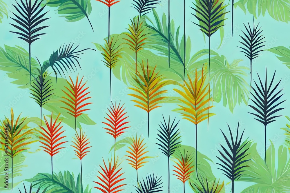 异国情调的热带树叶色彩缤纷的无缝图案插图。织物图案纹理重复。棕榈l