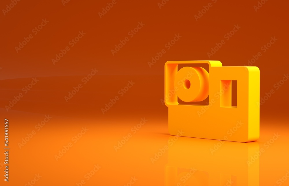 黄色动作极限摄像机图标隔离在橙色背景上。用于拍摄的摄像机设备