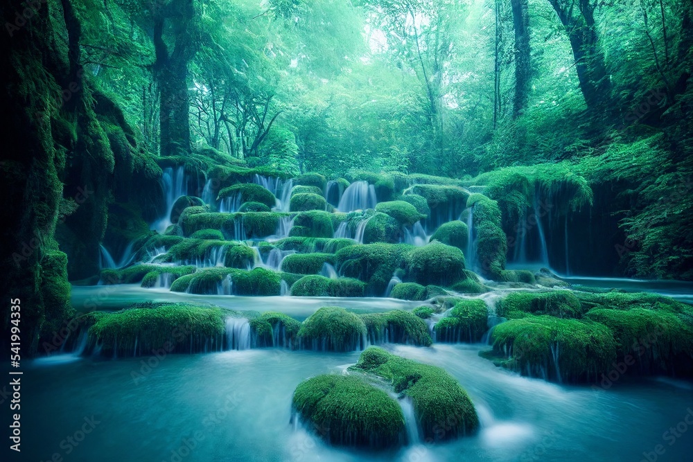 森林深处壮观的瀑布景观，绿树成荫，自然环境。绿色风景区