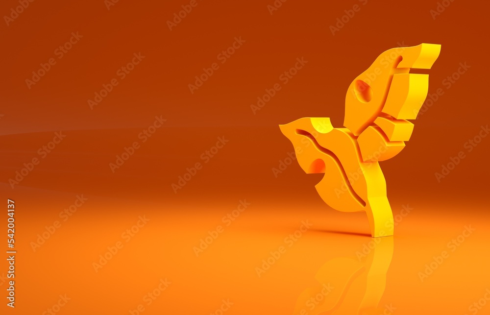 橙色背景上隔离的棕榈树图标的黄色热带树叶。极简主义概念。3d插图