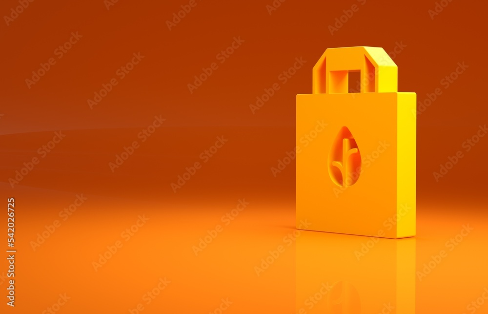 黄色纸质购物袋，橙色背景上隔离回收图标。带有回收符号的袋子