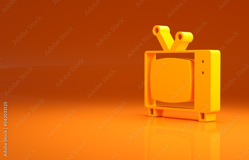 黄色复古电视图标隔离在橙色背景上。电视标志。极简主义概念。3d插图