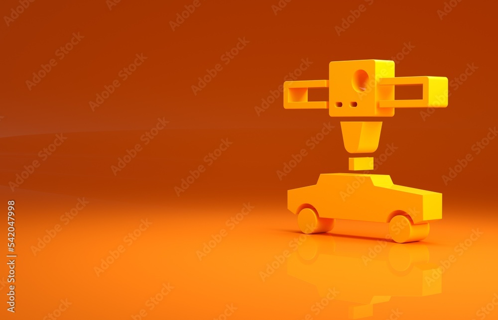 Yellow 3D printer car icon isolated on orange background. 3d printing. Minimalism concept. 3d illust