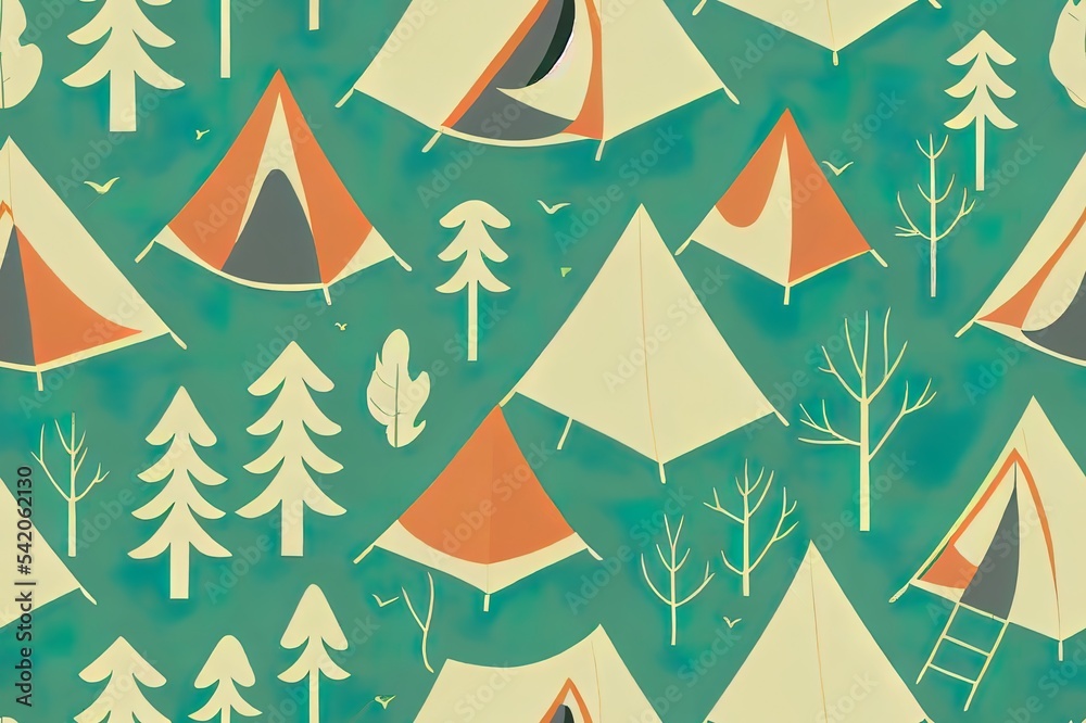 Outdoor weekend, vacation in forest, camping, traveling concept illustration. 2d illustrated seamles