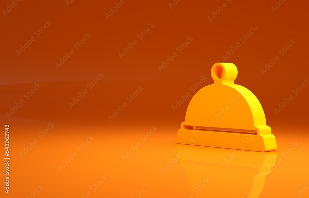 黄色覆盖着一盘橙色背景上隔离的食物图标。托盘和盖子标志。餐厅