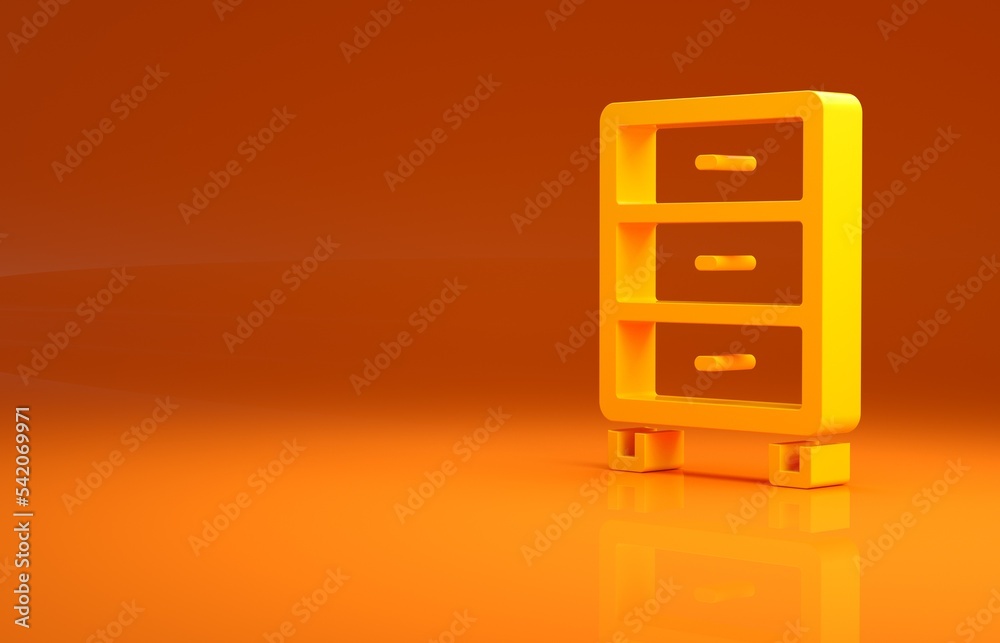 黄色档案文件抽屉图标隔离在橙色背景上。装有文件的抽屉。文件柜