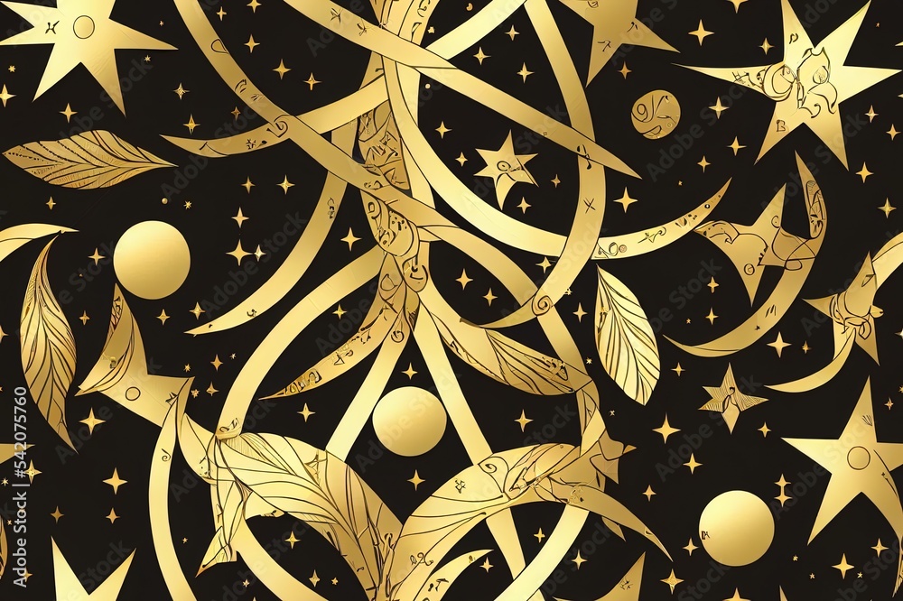 手、橄榄叶、星座、月亮和星星的神奇无缝2d插图边框。金色