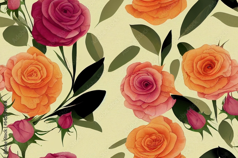 抽象的花朵无缝打印美丽的玫瑰花束，由带有花蕾和叶子的颜料绘制。Pe