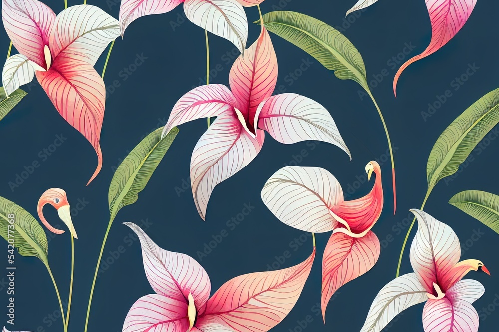 2d illustrated floral seamless pattern with exotic calla flowers. Flamingo flowers mixed with detail