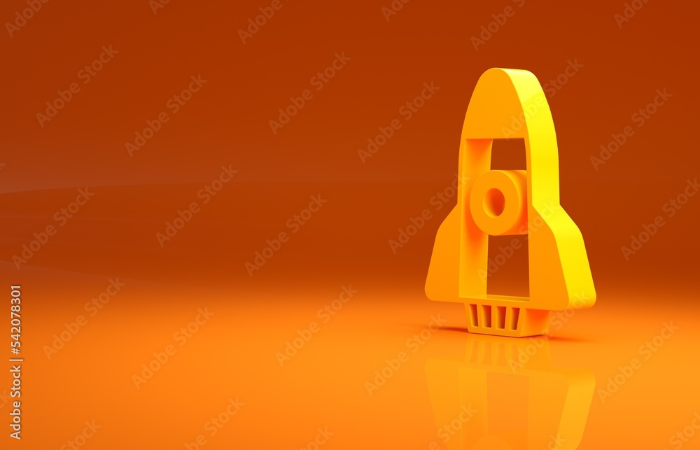 黄色火箭飞船图标隔离在橙色背景上。太空旅行。极简主义概念。3d插图