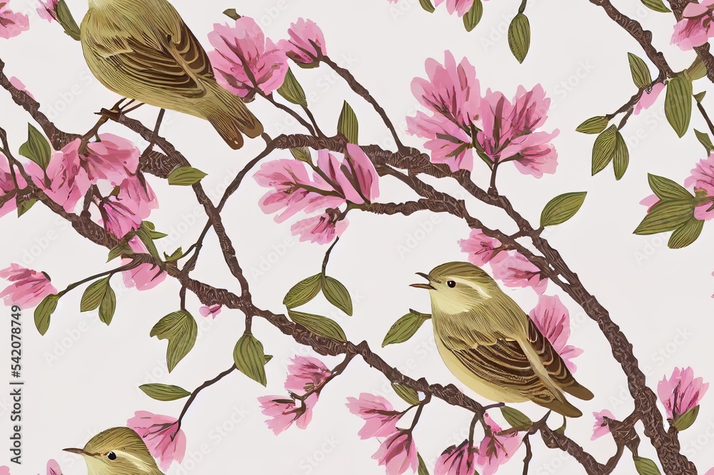 柳莺鸟在春天樱花园2d插图无缝图案。复古