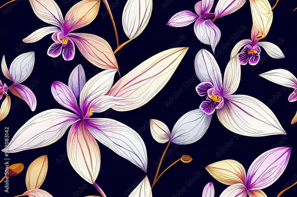 Modern Line兰花花手绘深色热带异国花卉无缝图案2d插图，