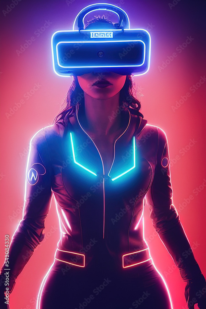 赛博朋克世界中引人注目的未来主义女性，戴着带有发光紫外线的VR耳机肖像