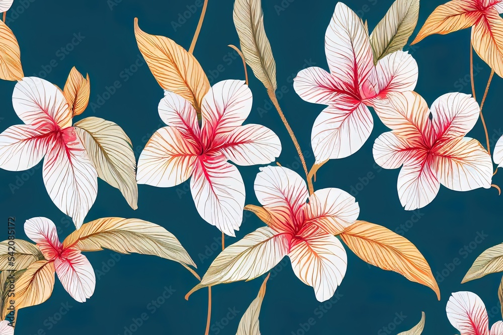 2d插图无缝图案热带花卉的异国壁纸棕榈树的绿叶和