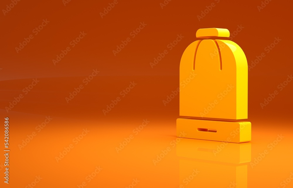 橙色背景上的黄色冬季帽子图标。极简主义概念。3d插图3d渲染