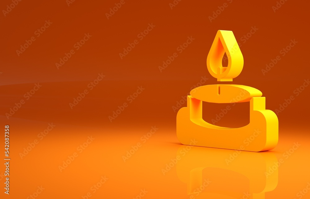 橙色背景上的黄色香薰蜡烛图标。极简主义概念。3d插图3d伦德