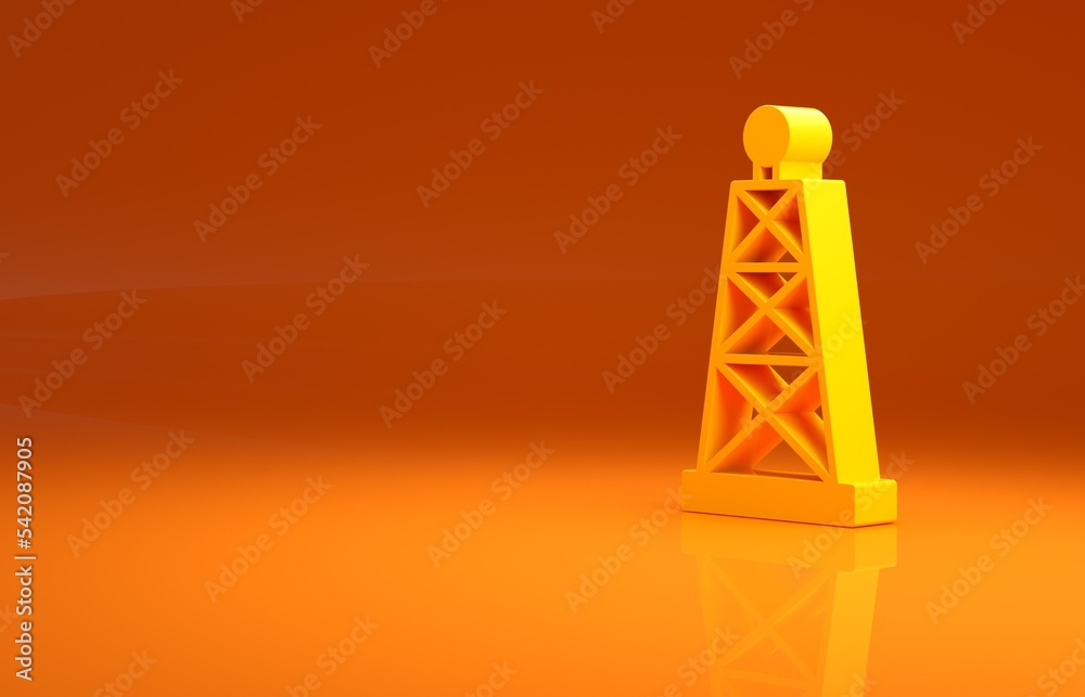 橙色背景上的黄色石油钻机图标。天然气塔。工业物体。极简主义概念。