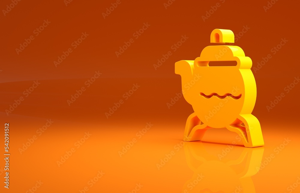 黄色经典茶壶图标隔离在橙色背景上。极简主义概念。3d插图3d ren
