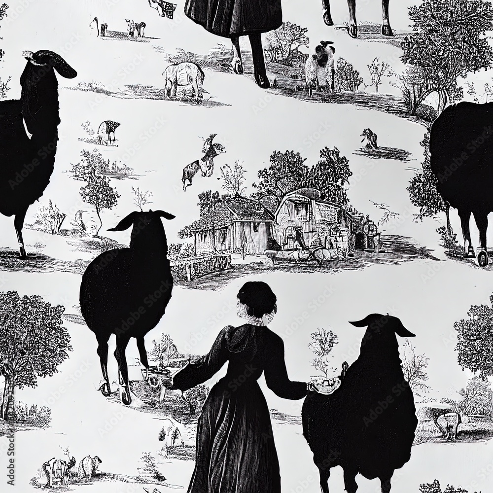 带有乡村生活场景的图案，有房子、绵羊、人、鸟、树和狗，法语为