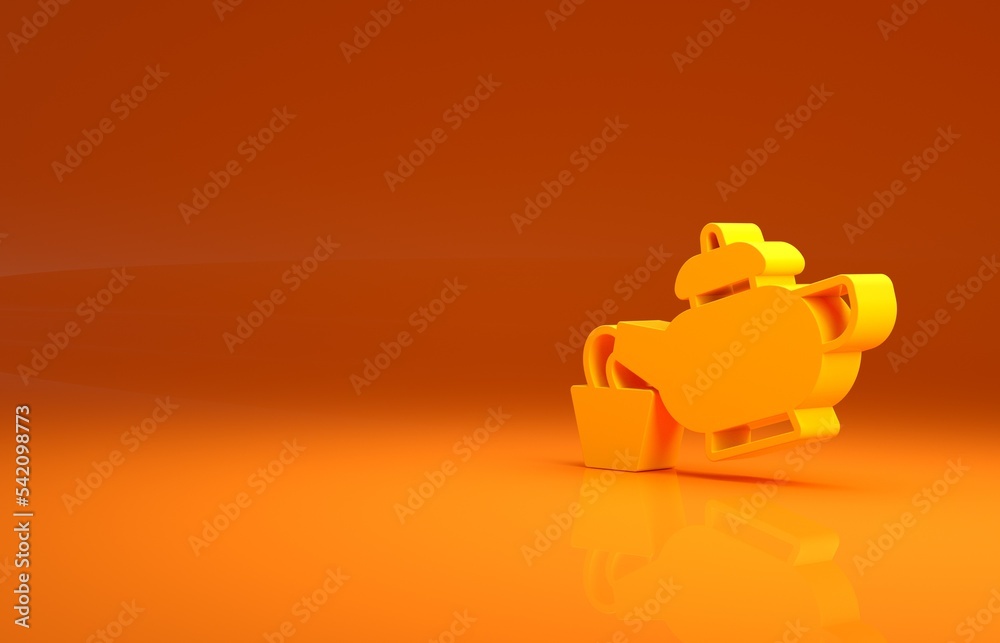 黄色的中国传统茶道图标，橙色背景。带杯子的茶壶。简约