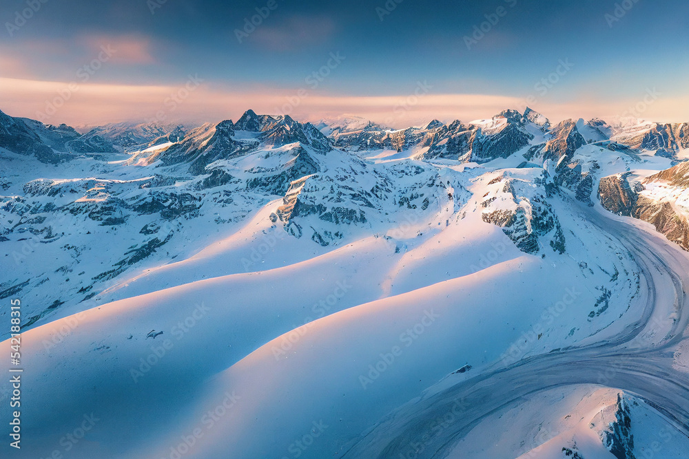 无人机拍摄的雪山鸟瞰图显示了冬季高山的壮观景观