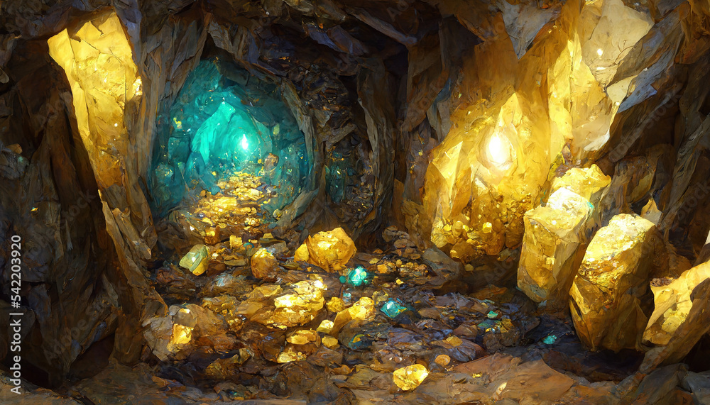 梦幻般的金矿隧道，有闪闪发光的黄金、五颜六色的珠宝和其他矿物。壮观