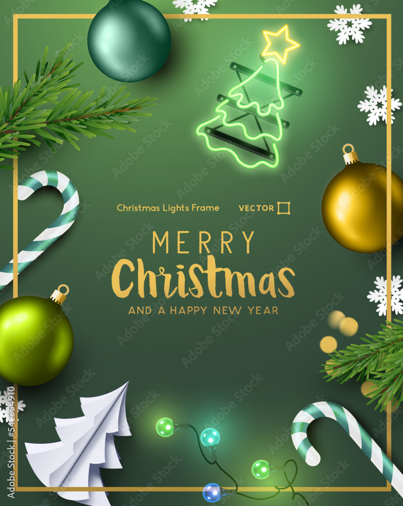 Festive green themed christmas decor background border frame. Vector illustration layout