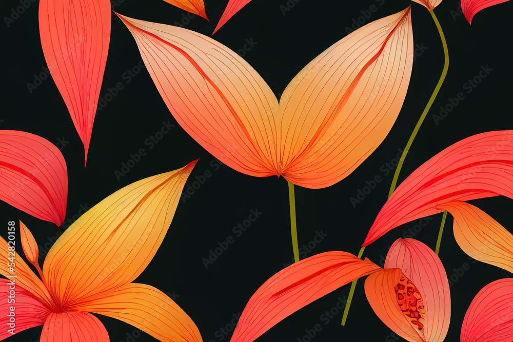 红掌和strelitzia无缝2d插图图案。大的红橙粉色米色花朵和gr