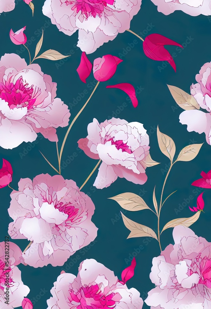 牡丹花无缝花卉图案2d插图。时尚面料设计