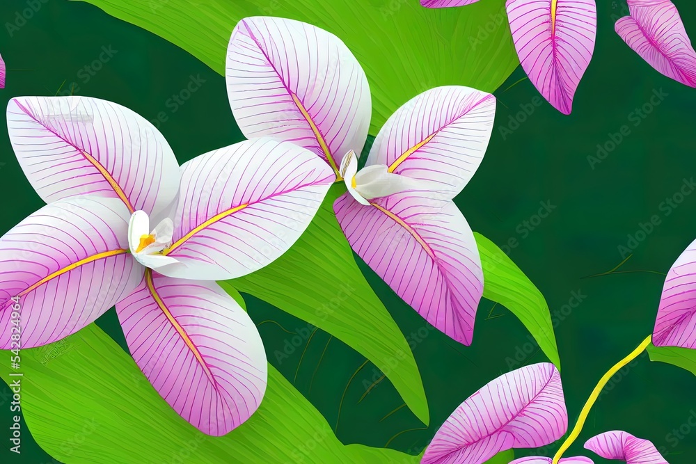 热带白兰花花绿色梦蝶香蕉棕榈叶粉红色背景。2d插图接缝