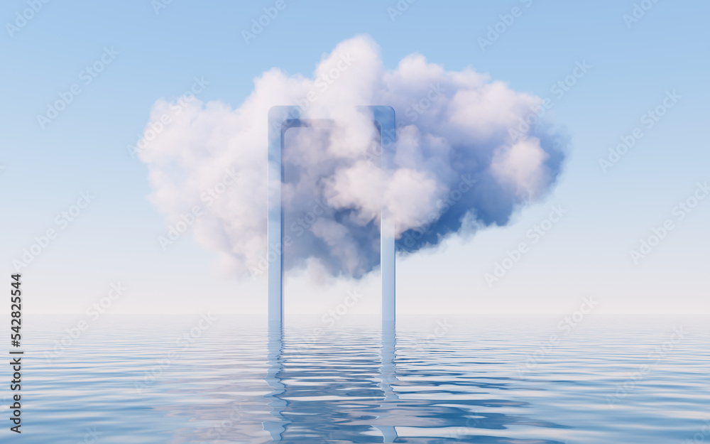 云和水面，三维渲染。