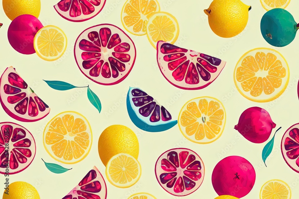 水果混搭图案夏季甜食背景无缝2d图解纹理石榴柠檬和