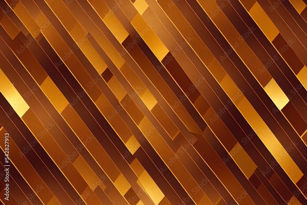 3D插图。彩色木材碎片和金色元素的几何无缝3D图案。不对称