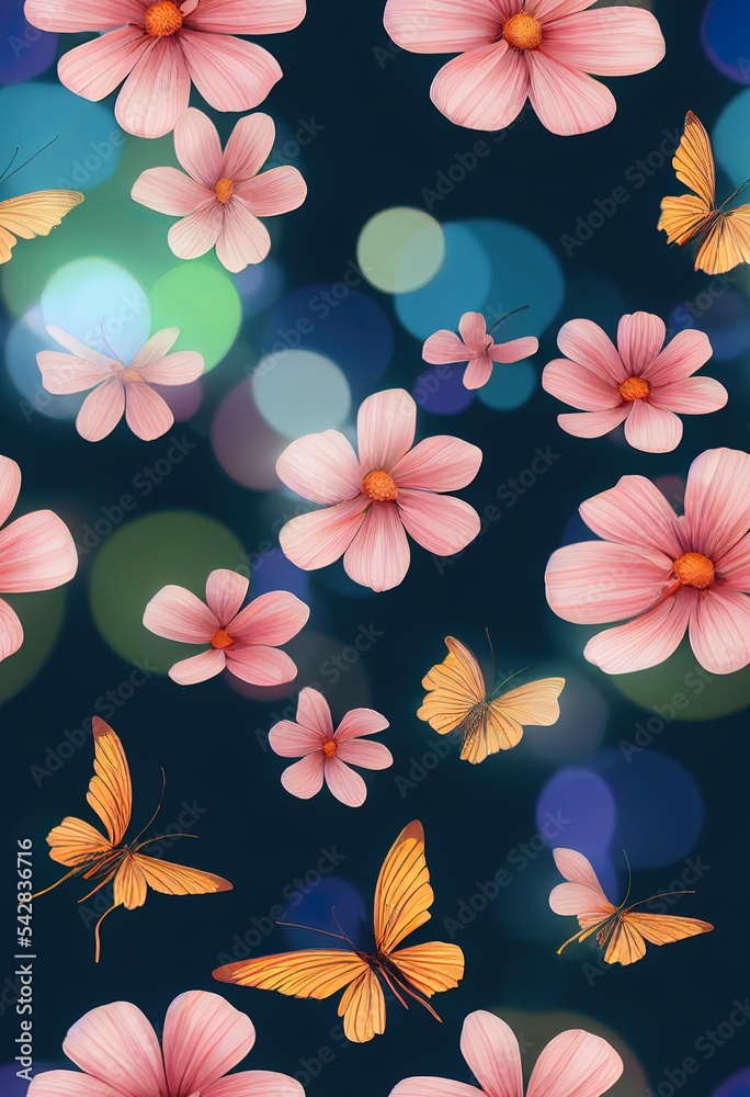 蓝色条纹上的蝴蝶和花朵无缝图案。2d插图。