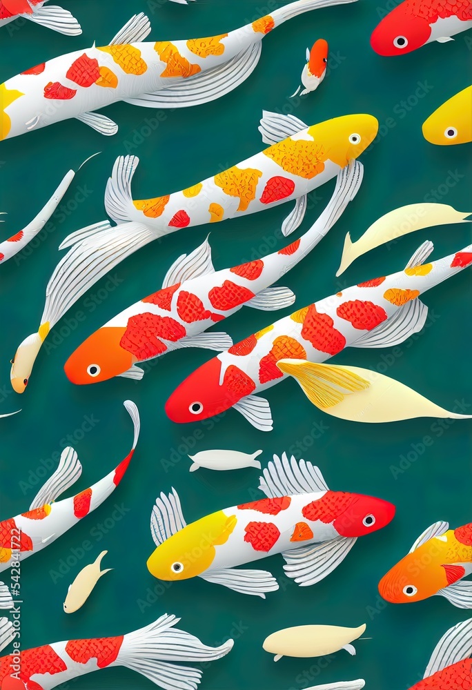 高细节锦鲤鱼和樱花的无缝2d插图图案