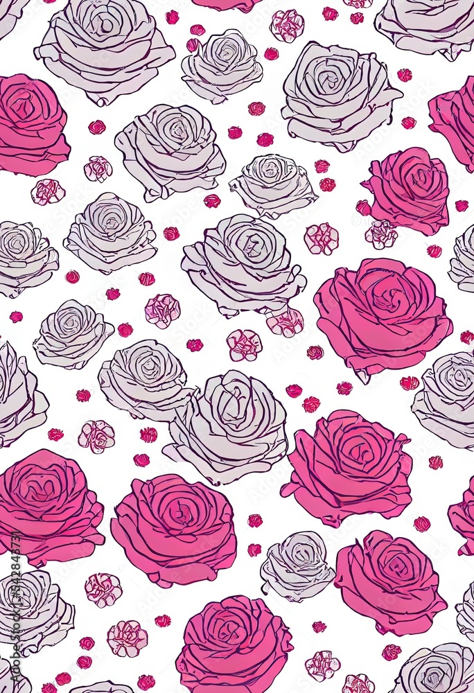 2d插图无缝图案，白色背景上有玫瑰花粉色轮廓。手绘f