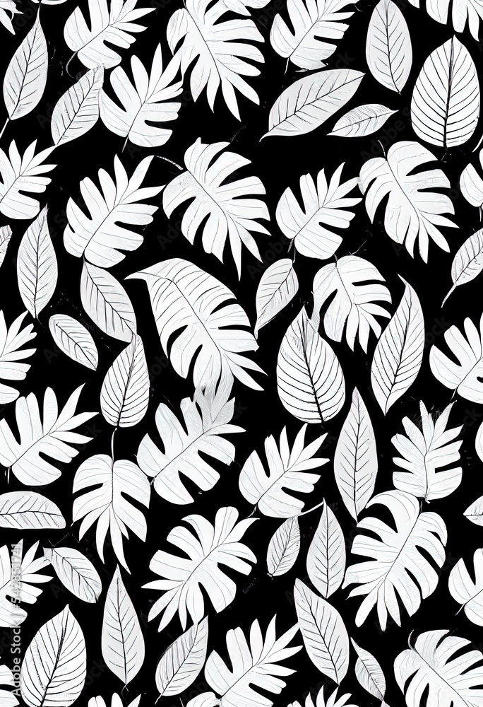 自然无缝图案。手绘热带夏季背景黑白棕榈树叶，线条ar
